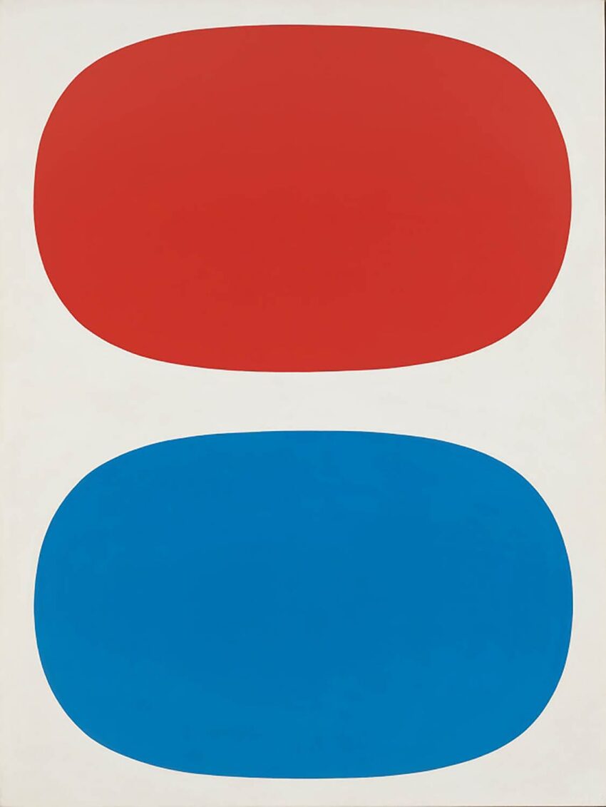 Abstract art featuring two large ovals; a red oval on top and a blue oval below on a plain background.