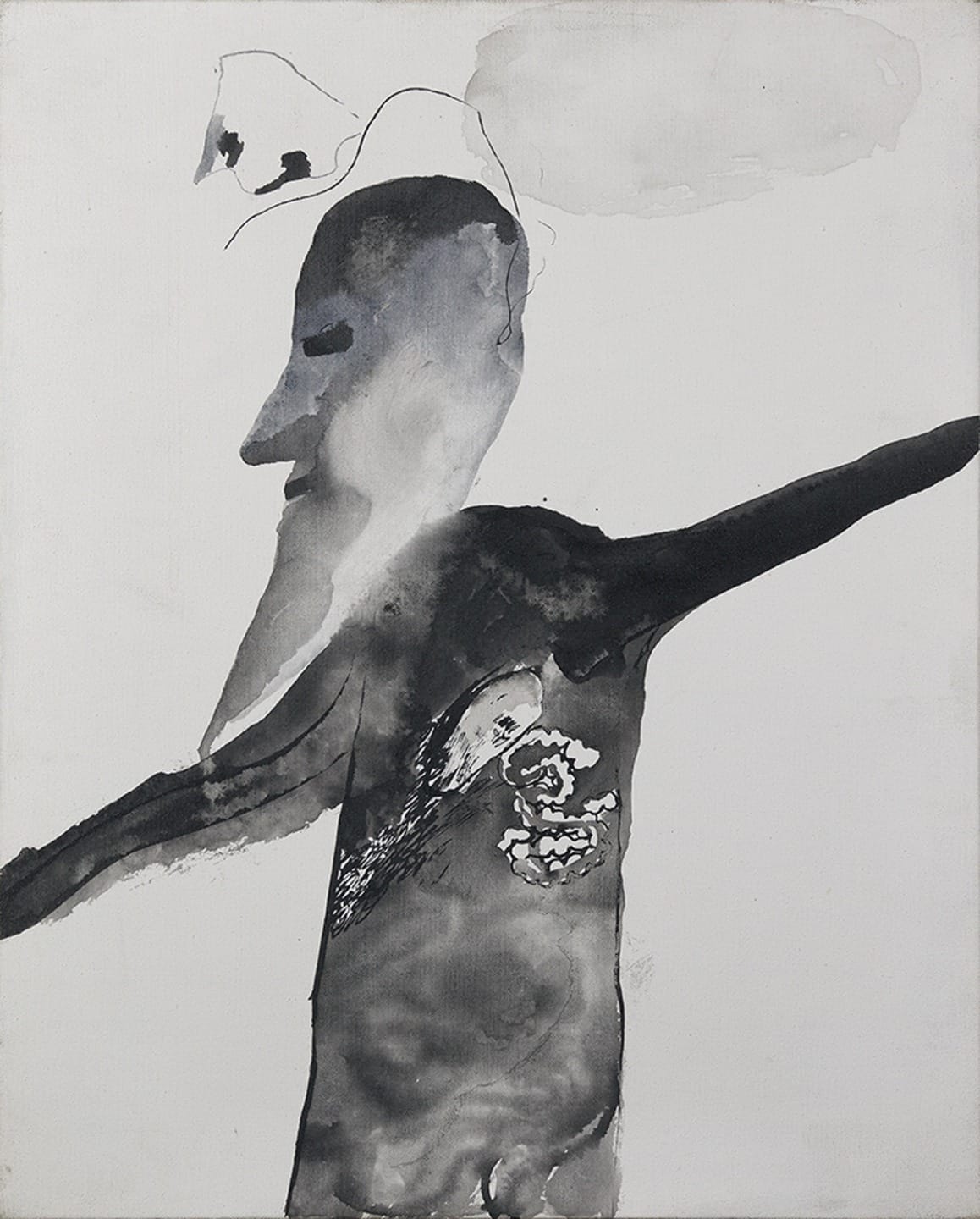 Abstract black and white painting of a humanoid figure with extended arms and textured, brushstroke details.