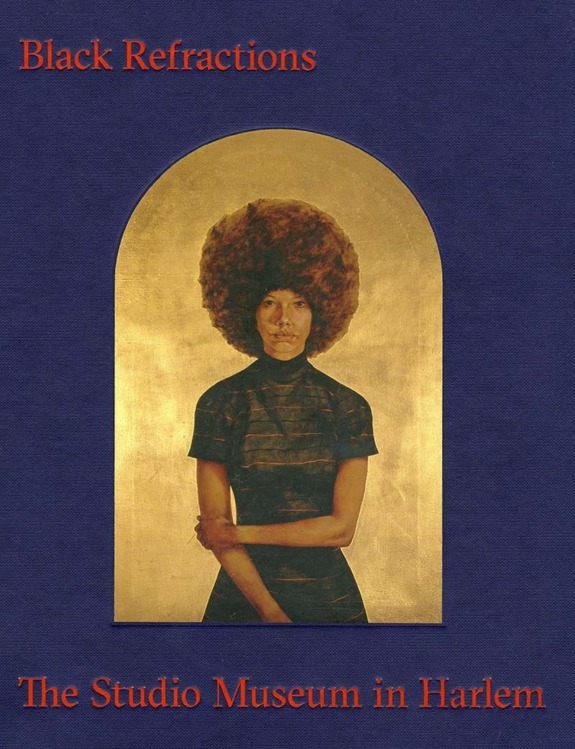 Cover of "Black Refractions: The Studio Museum in Harlem" featuring a portrait of a woman with a gold background.