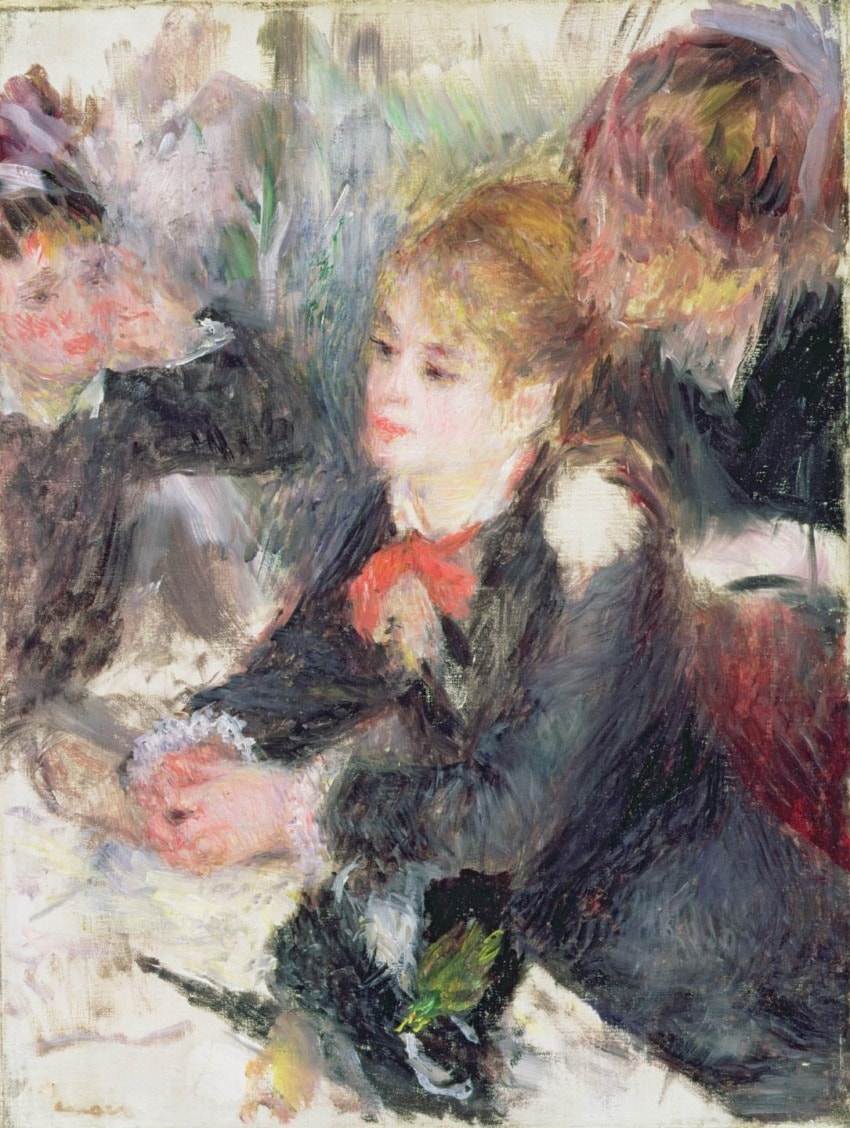 Impressionist painting of a woman with a red bow and two figures in the background, featuring soft brushstrokes and light colors.