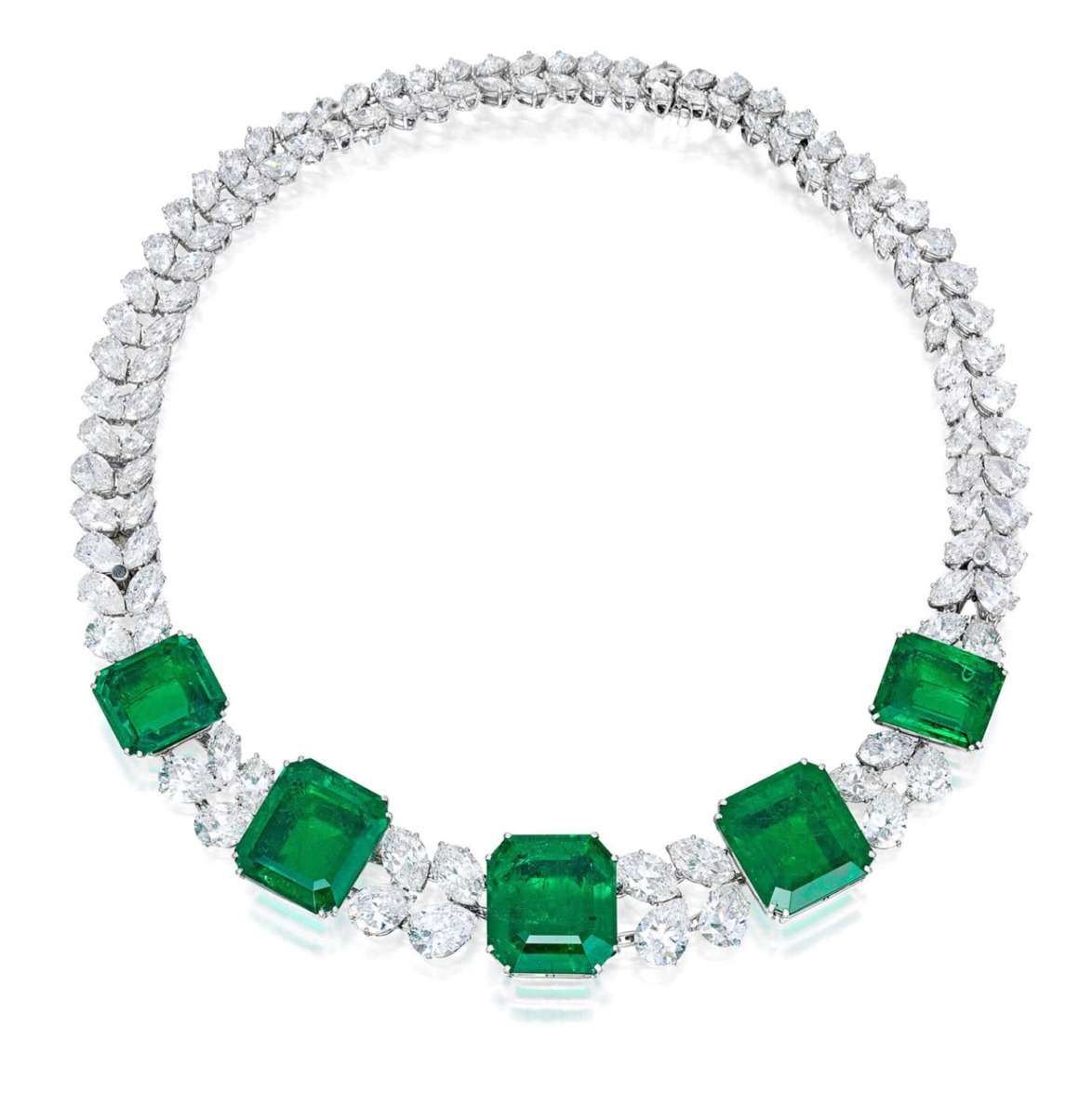 Emerald and diamond necklace with five large emerald stones and intricate diamond detailing.