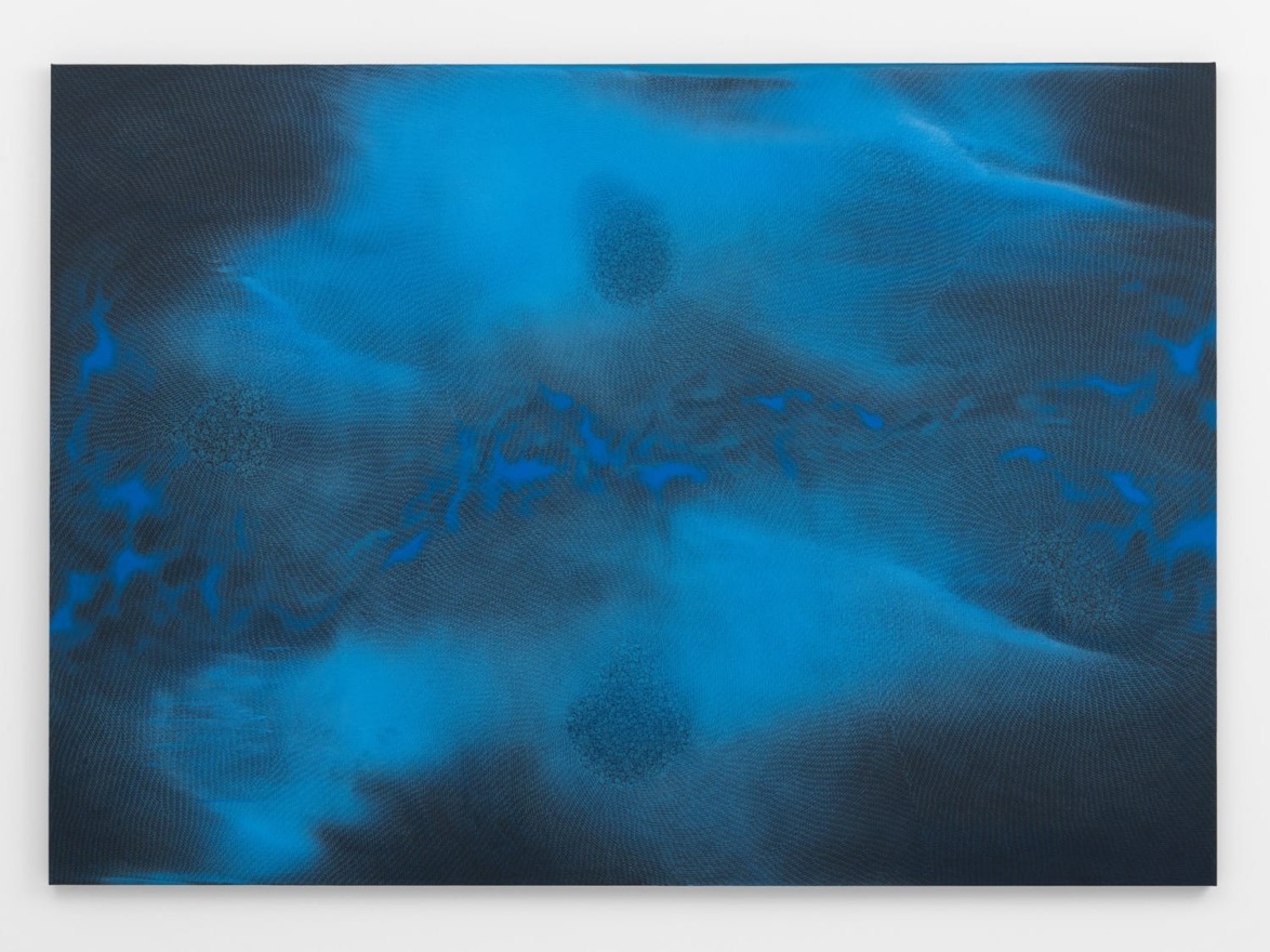 Abstract painting with shades of blue and black, featuring swirling patterns and textured areas.