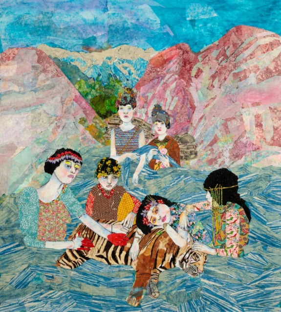 Colorful, abstract painting of five people sitting together amidst vibrant mountains and a blue sky.