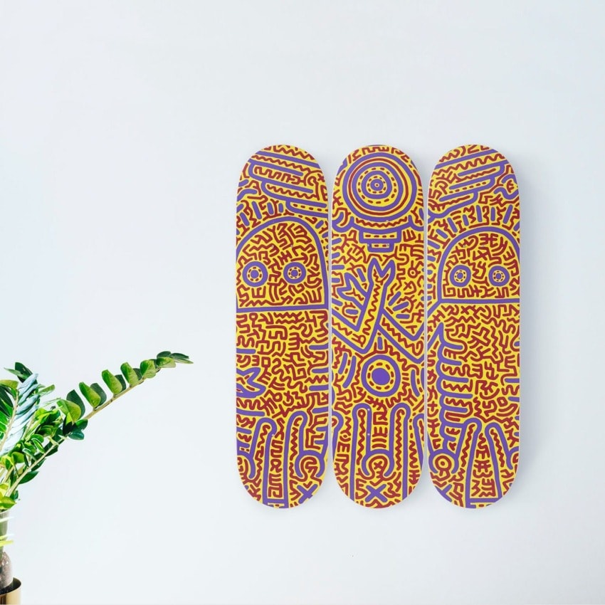 Colorful abstract art on skateboard decks with intricate patterns, hanging on a white wall beside a green plant.