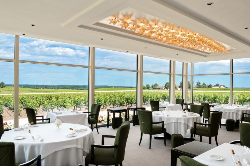 Elegant restaurant interior with large windows overlooking a vineyard, featuring modern decor and neatly set tables.