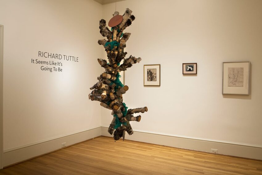 Art installation featuring a suspended sculpture of branches and teal fabric in a gallery with framed artwork on the walls.