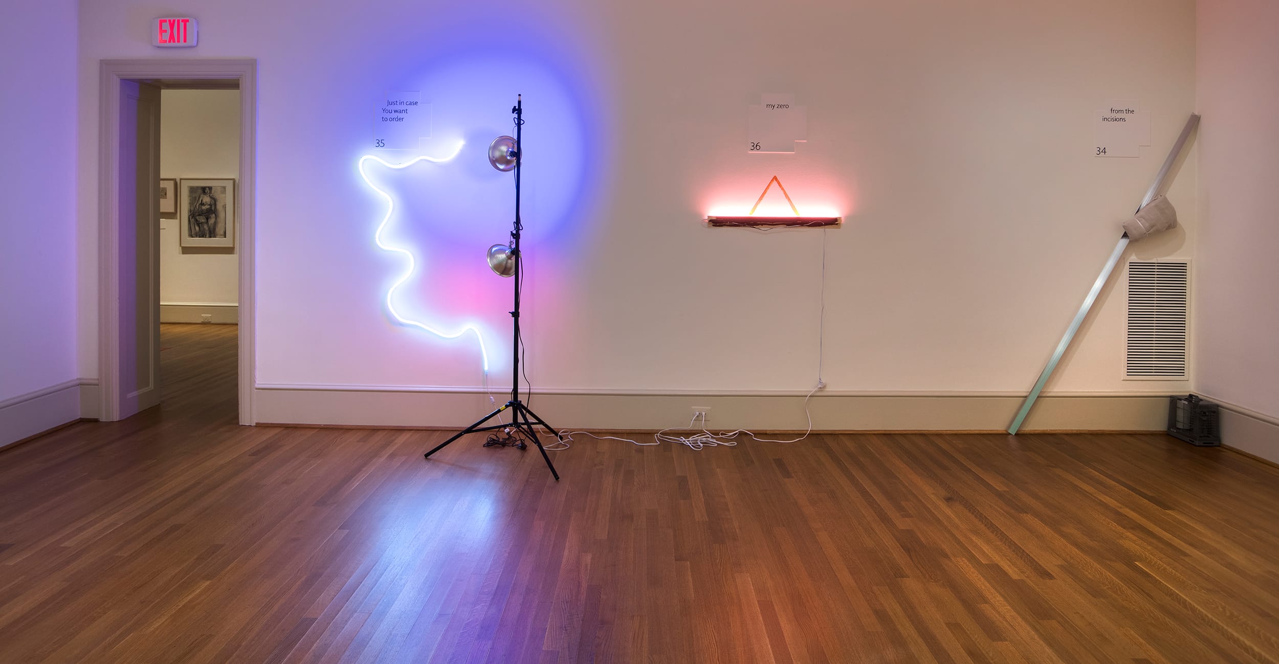 Art gallery room with neon light sculptures on wall, featuring blue, pink, and triangular designs, and wooden floor.