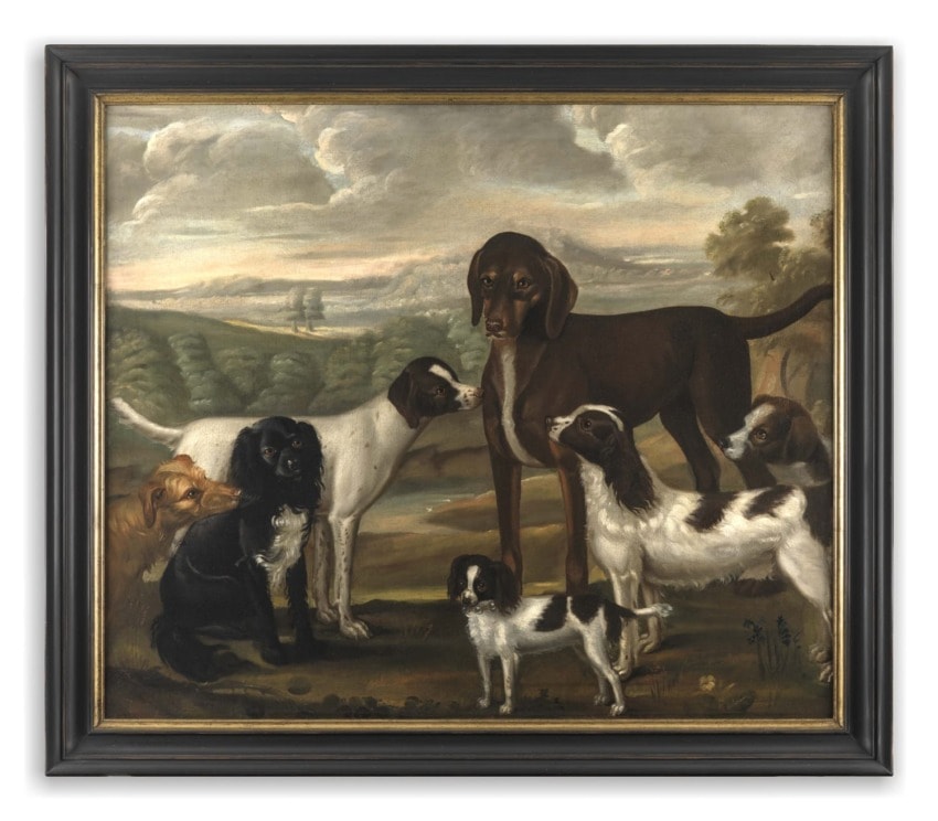 Painting of seven dogs in a landscape, with hills and a cloudy sky in the background.