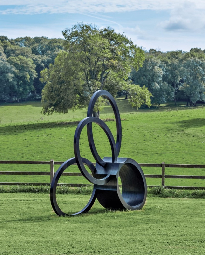 Outdoor metal sculpture with interlocking rings set against a grassy field and trees in the background.
