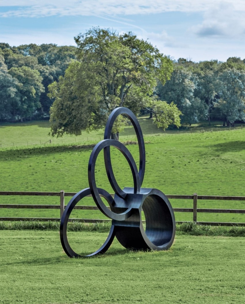 Outdoor metal sculpture with interlocking rings set against a grassy field and trees in the background.