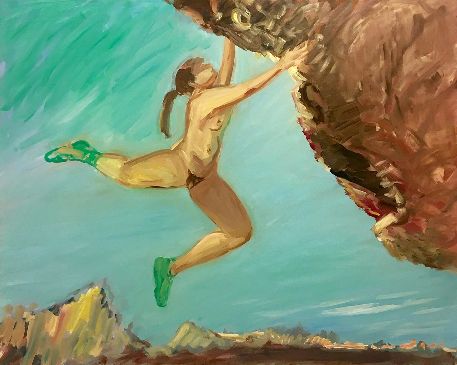 Painting of a woman bouldering on a large rock against a blue sky, showcasing strength and determination.
