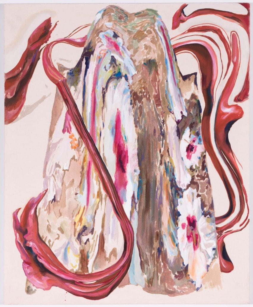 Abstract painting with flowing red and brown shapes, floral patterns, and textured brushstrokes on a neutral background.