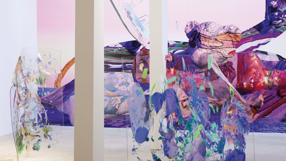 Colorful abstract art installation with painted panels and sculptural elements in a modern gallery setting