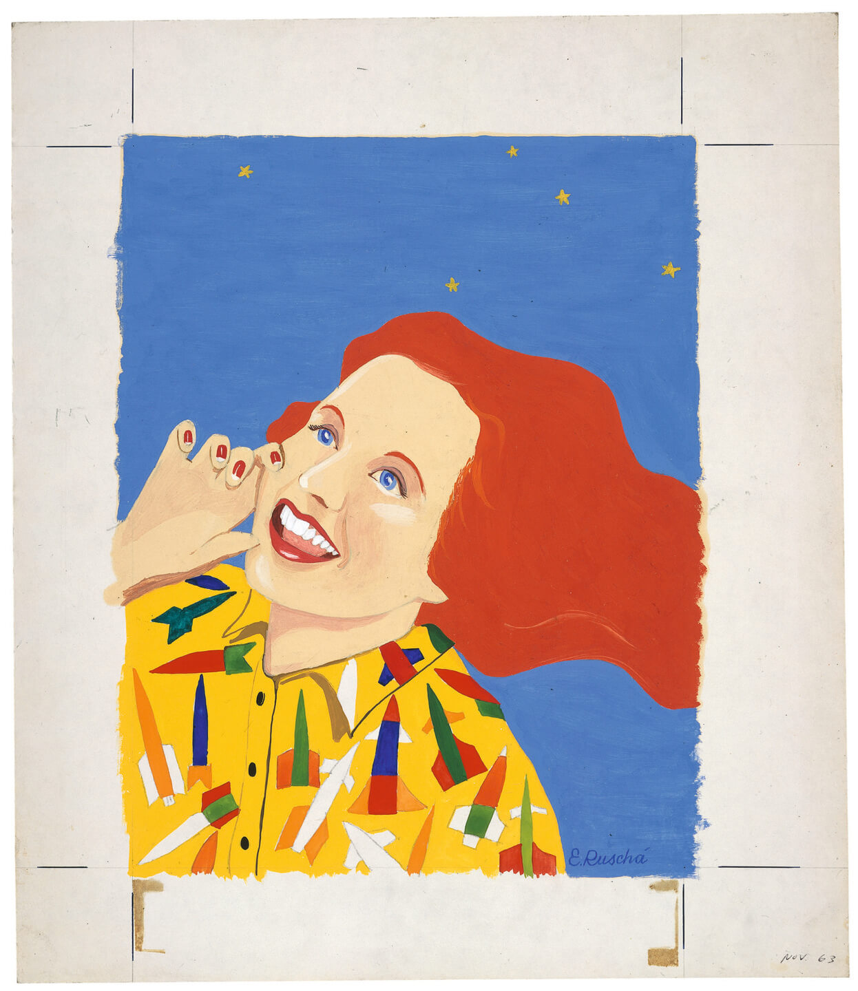Colorful illustration of a smiling person with red hair against a blue background with yellow stars, wearing a patterned shirt.