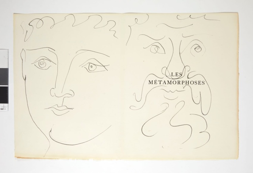 Sketch of two abstract faces with the words "Les Métamorphoses" between them. Simple line art on a plain background.