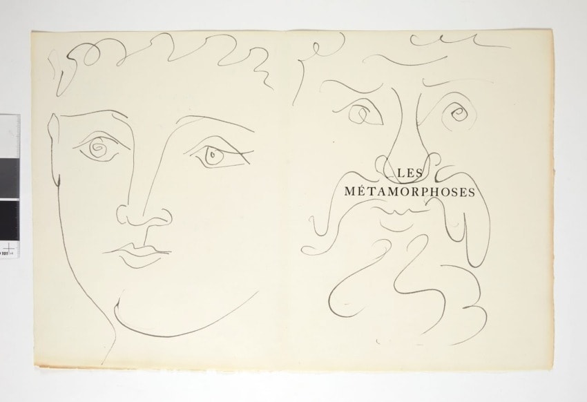 Sketch of two abstract faces with the words "Les Métamorphoses" between them. Simple line art on a plain background.