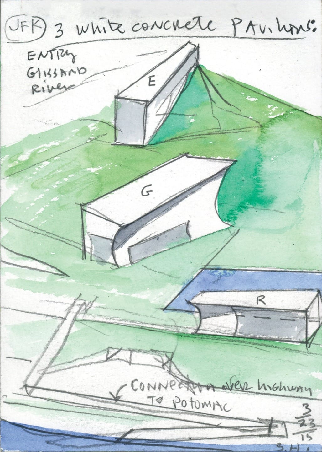 Architectural sketch depicting three white concrete pavilions labeled E, G, R, with green and blue background elements.