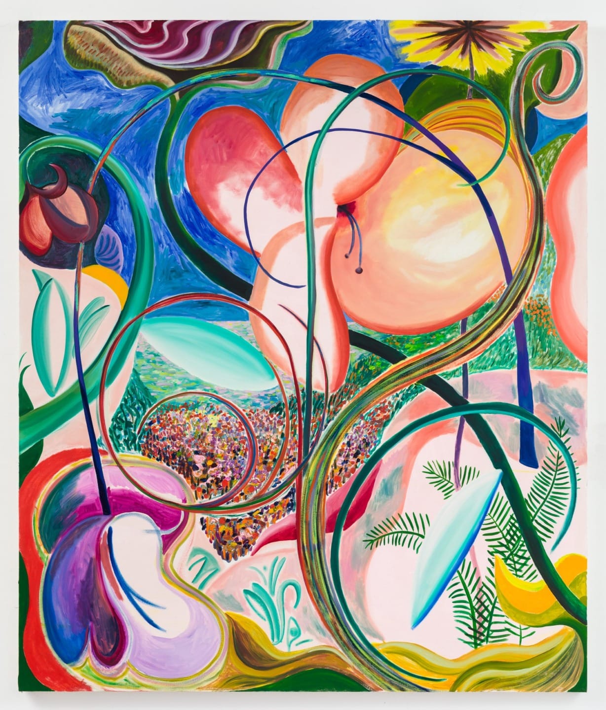 Colorful abstract painting with swirling plant-like shapes and vibrant patterns, featuring hints of leaves and floral elements.