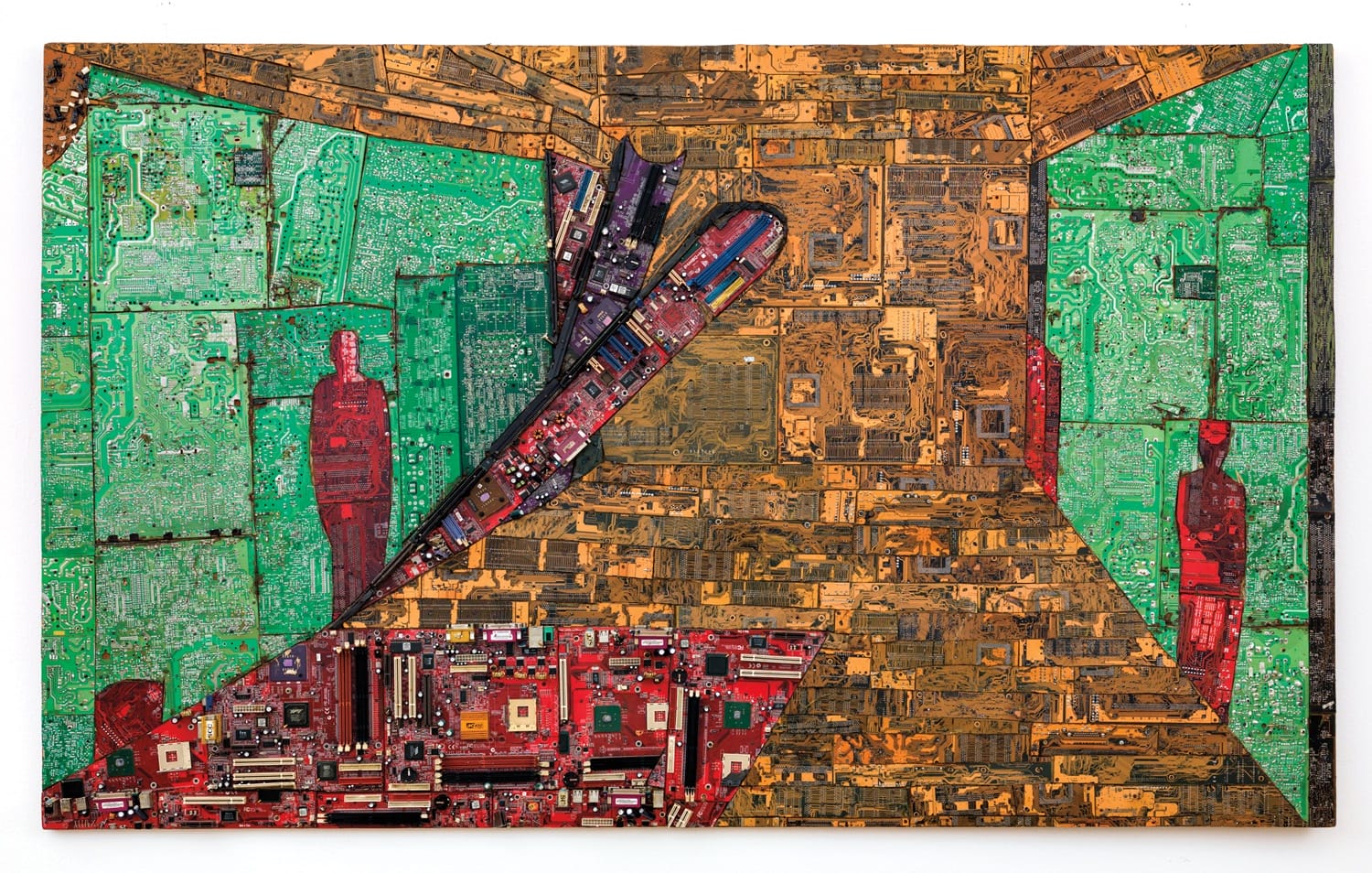 Colorful circuit board mural with abstract shapes and silhouettes in shades of green, red, and orange tones.