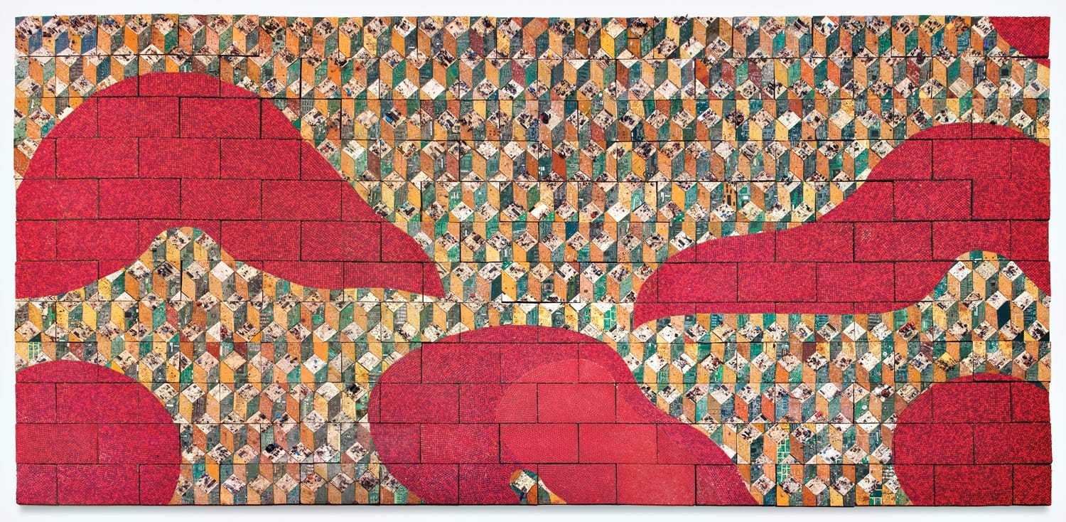 Colorful mosaic artwork with red wavy shapes and geometric patterns across a wide rectangular canvas.