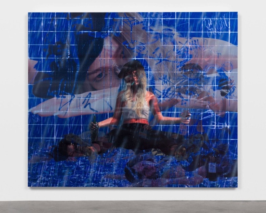 Abstract artwork with a blue grid background, featuring layered images of a woman and various elements.