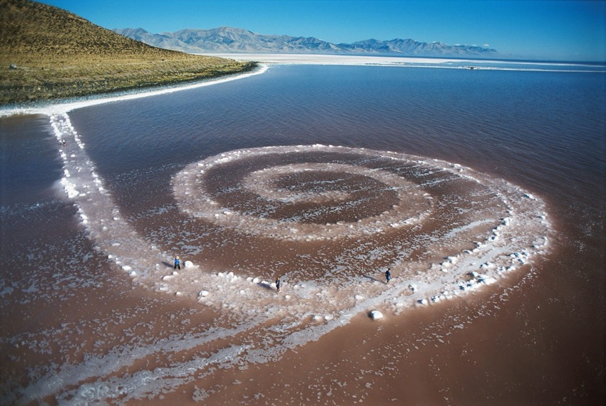 Aerial view of Spiral Jetty, an earthwork sculpture by Robert Smithson, in Utah's Great Salt Lake.