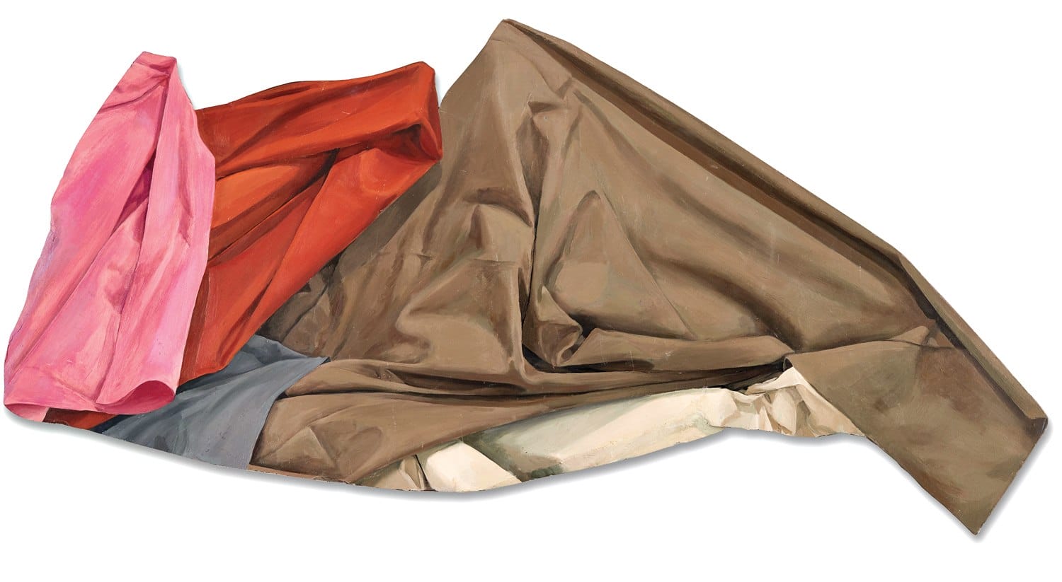 Abstract painting of draped fabrics in shades of pink, red, brown, and gray, resembling a crumpled cloth arrangement.