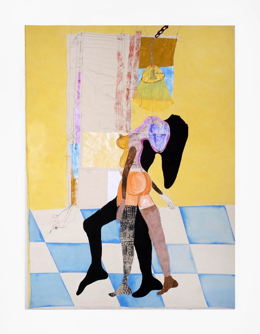 Abstract artwork of two figures sitting against a yellow background with a textured curtain and a yellow lamp above.