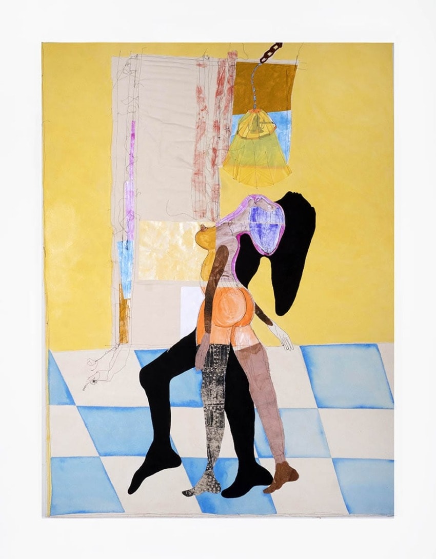 Abstract artwork of two figures sitting against a yellow background with a textured curtain and a yellow lamp above.