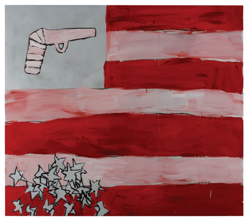 Abstract painting of a gun and scattered stars over a red and white striped background resembling the American flag.
