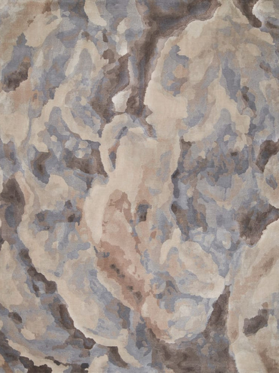 Abstract artwork with swirling patterns of beige, brown, and blue tones, creating a textured, cloud-like appearance.