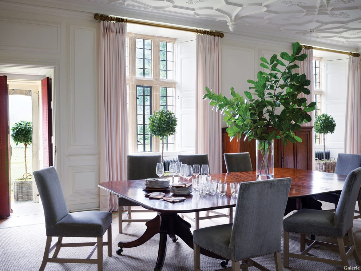 Elegant dining room with large wooden table, gray chairs, tall green plants, and sunlight streaming through tall windows.