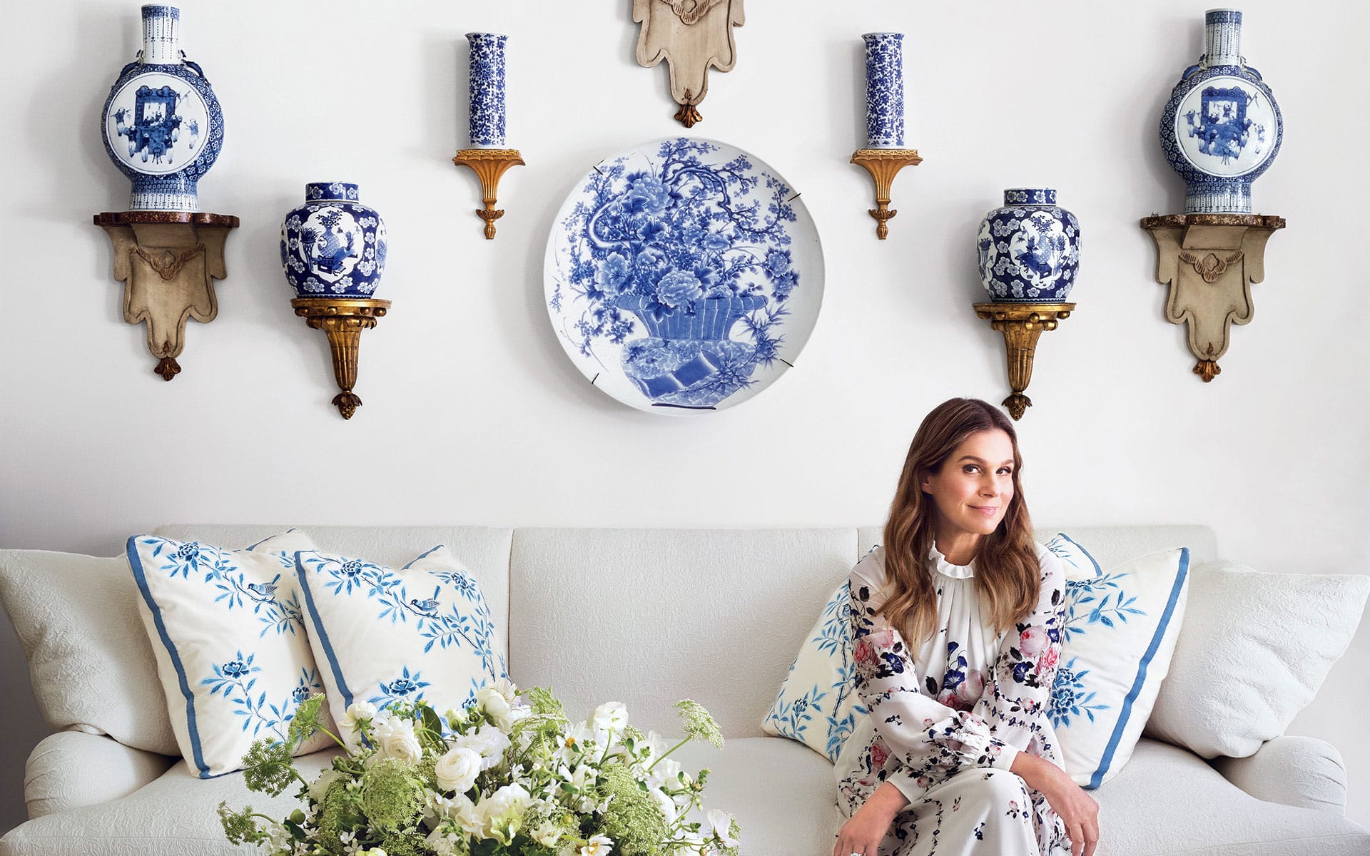 Aerin Lauder pictured with her blue-and-white porcelain collection