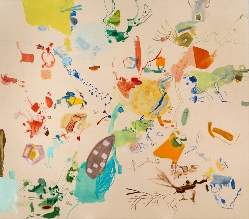 Abstract painting with vibrant colors and various shapes on a beige background.