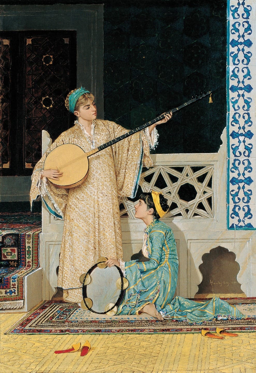 Two people in traditional Middle Eastern attire with musical instruments in an ornate room setting.