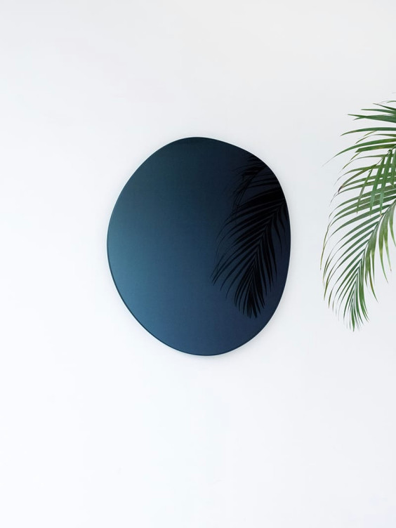 Round black wall mirror with a reflection of palm leaves, mounted on a white wall.