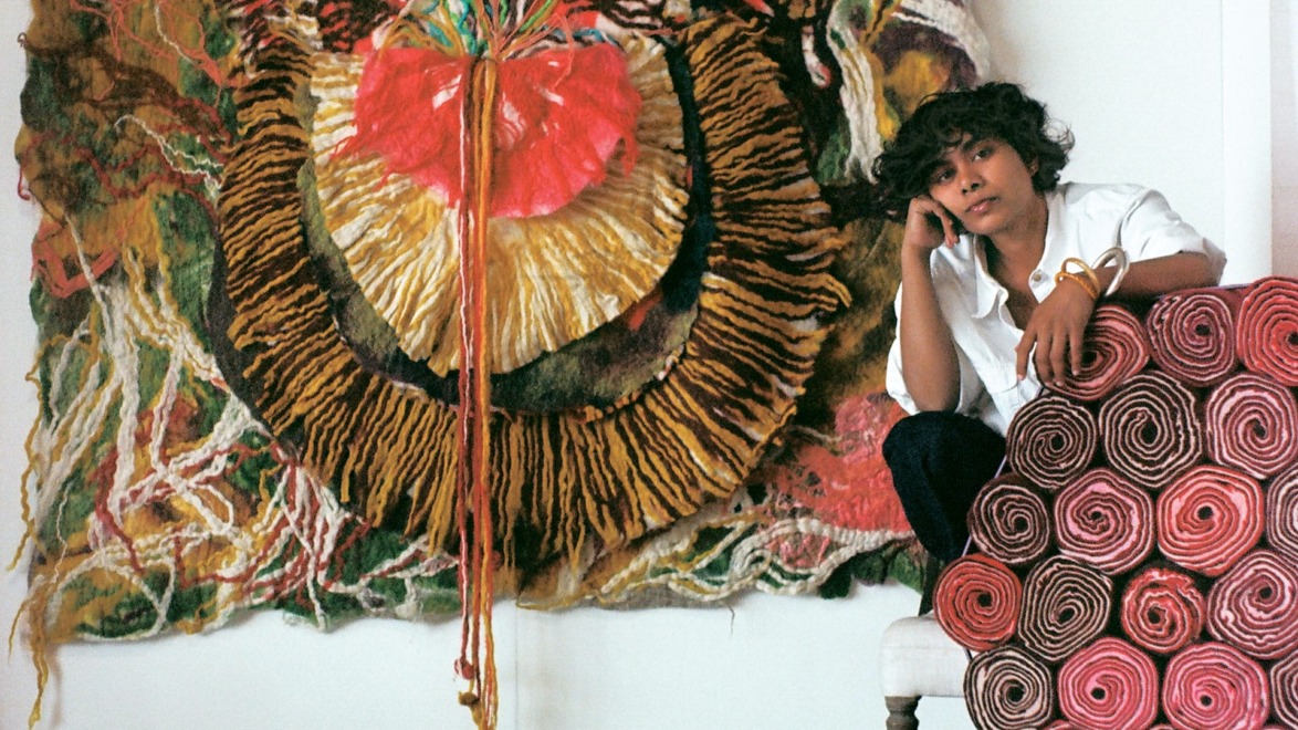 Sagarika Sundaram with Siren (2023) in her New York studio.