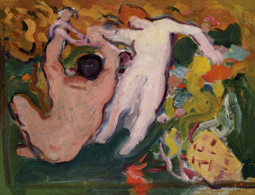 Abstract painting with two figures dancing among colorful, swirling patterns and a basket in the lower right corner.