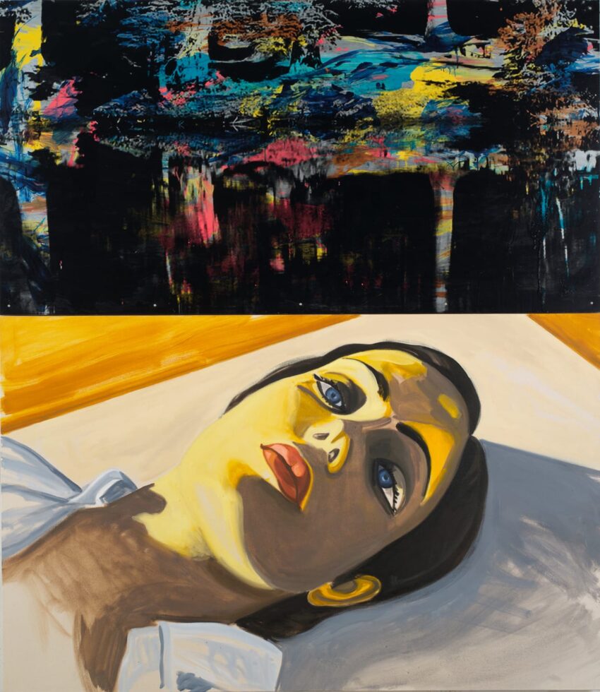 Abstract painting with a person lying down on the lower half and colorful patterns reflecting on water above.