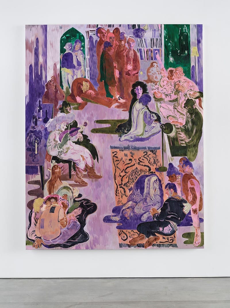 Colorful abstract painting of people gathered in a room with vibrant purples, greens, and intricate details in the artwork.