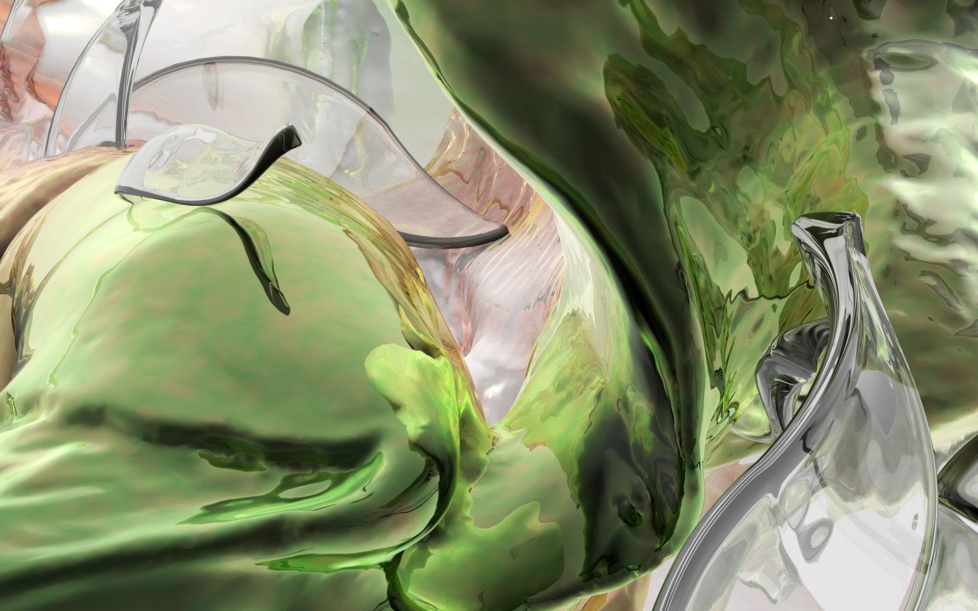 Abstract digital artwork with flowing green and gray shapes creating a fluid, dynamic composition with a glossy texture.