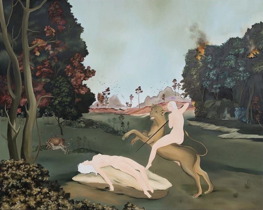 Surreal painting of mythical centaur-like creature aiming arrow at two humans in a forest with burning trees and distant hills.