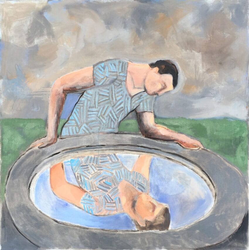 Person gazing into a circular mirror with a reflection, wearing a patterned shirt, abstract background with clouds and greenery.