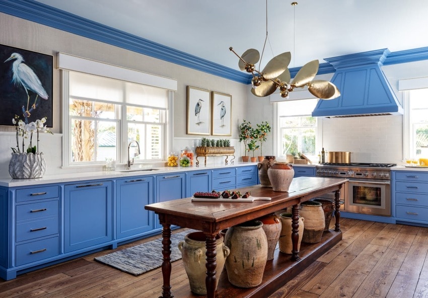 Spacious kitchen with blue cabinets, modern lighting, wooden island with pottery, and bird artwork on the walls.