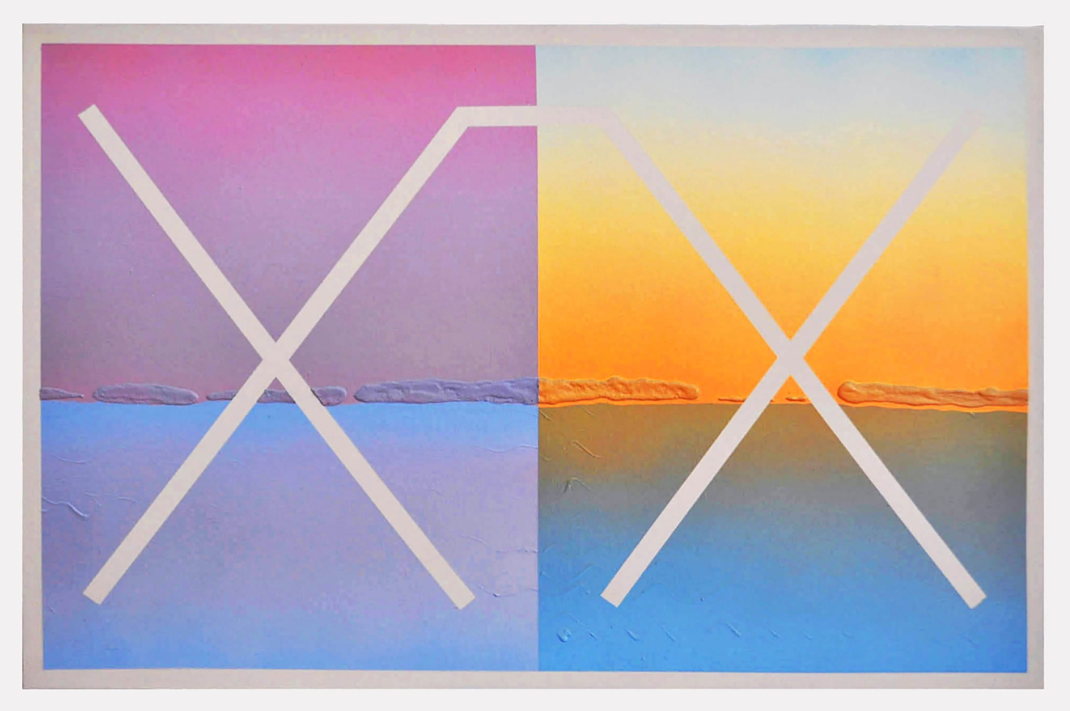 Abstract painting with intersecting white lines dividing purple and blue hues on the left from orange and yellow on the right.