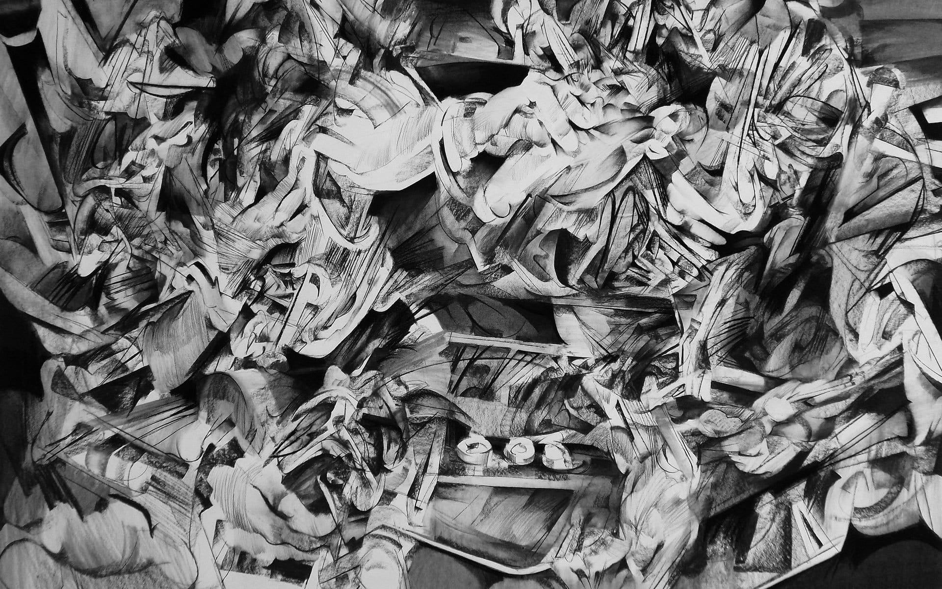 Abstract black and white pencil drawing with dynamic, overlapping shapes and intricate linework, creating a sense of movement.