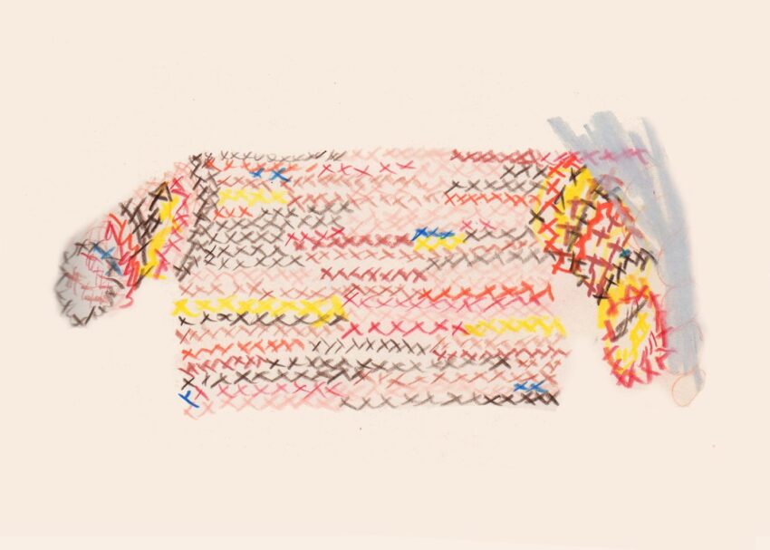 Illustration of a colorful, cross-stitched sweater with various patterns and shades on a light background.