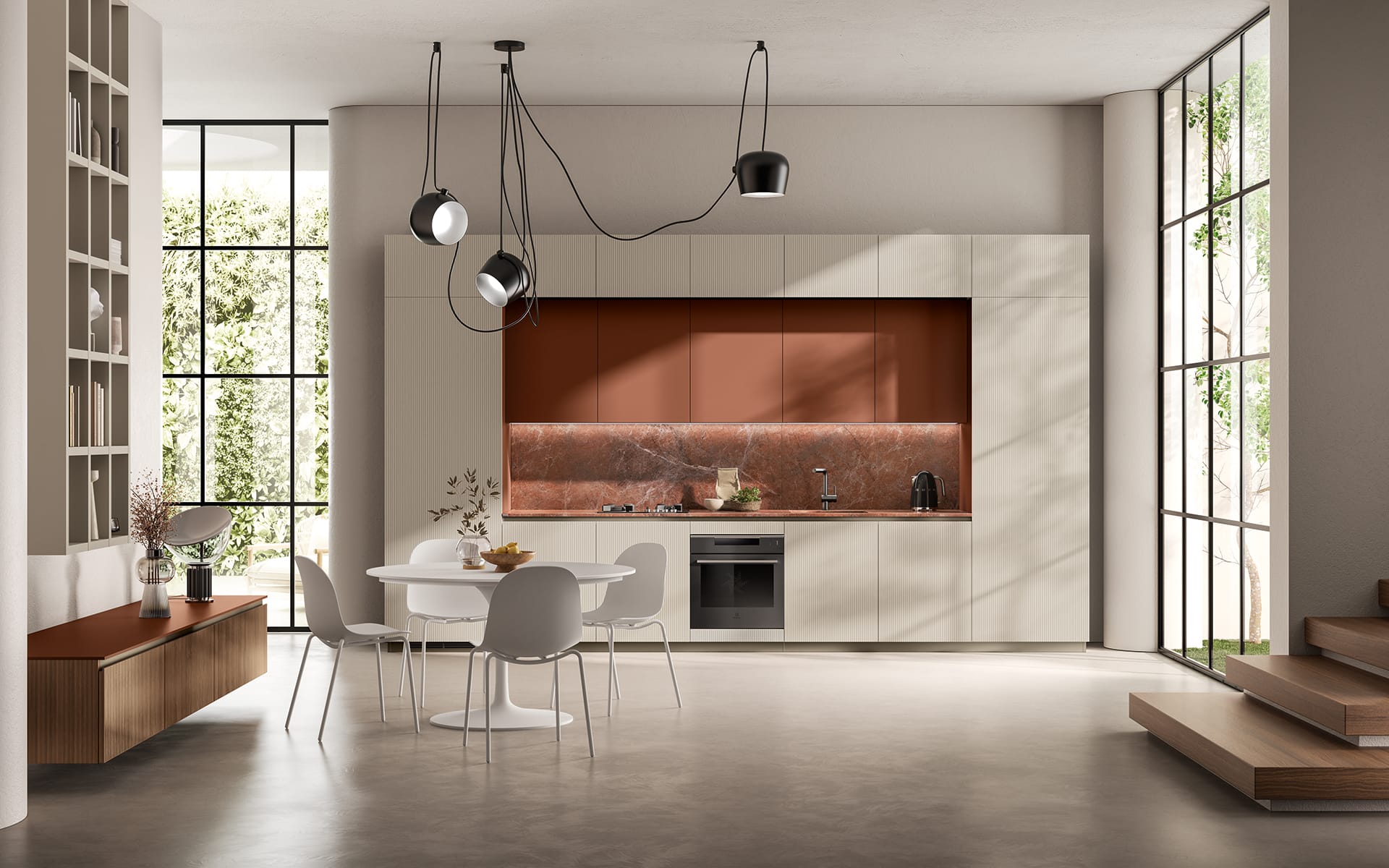 Modern kitchen with white cabinets, copper backsplash, black pendant lights, round dining table, and large windows.