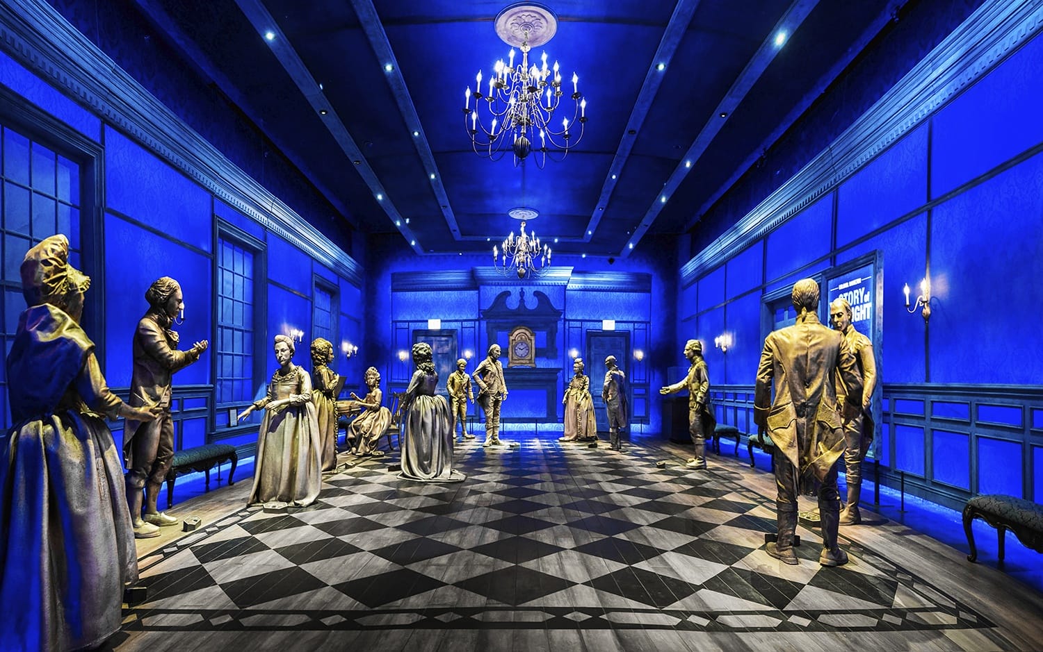 People in 18th-century attire depicted in a blue-lit room with chandeliers and checkered floor, discussing in groups.