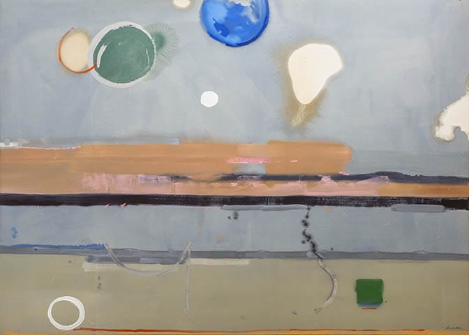 Abstract painting with various shapes and colors, including circles and rectangles on a muted background.